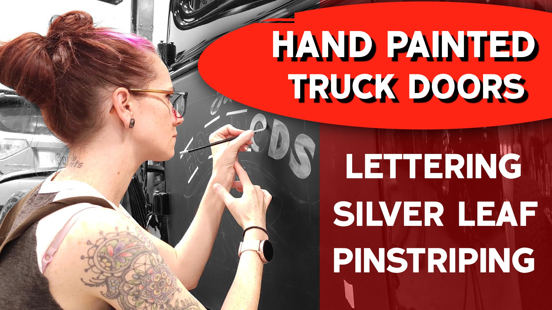 Load video: Hot Rod Jen hand paints and applies silver leaf lettering, graphics and pinstriping in the video from you tube