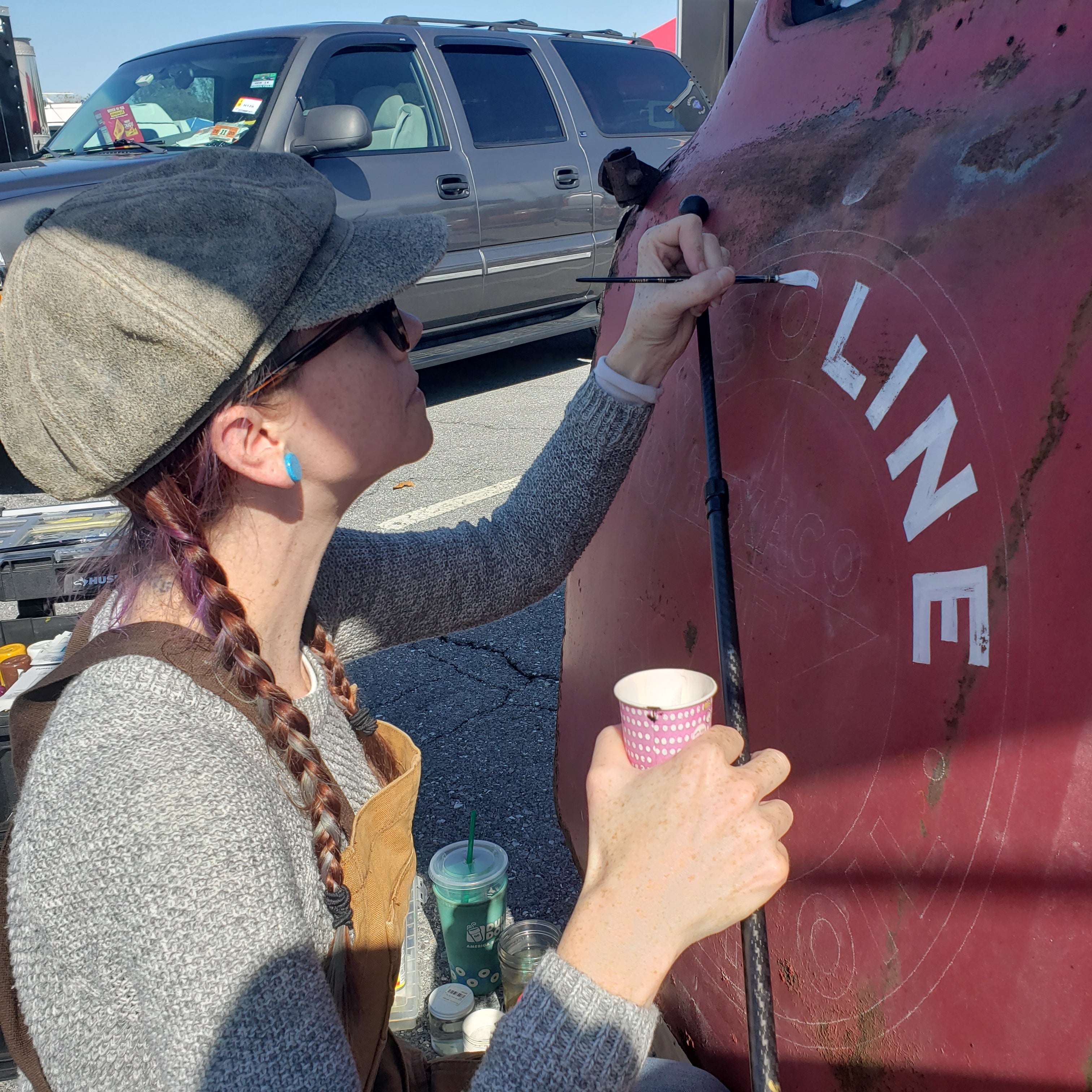 Hot Rod Jen sign painting on old truck doors hershey swap meet pa